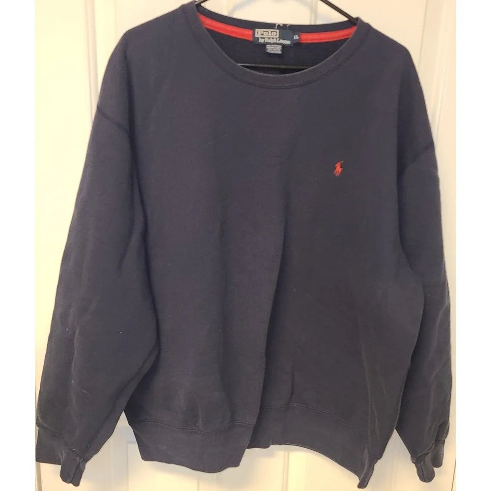 Vtg Mens 90s Polo Ralph Lauren Navy Blue Essential Crewneck Sweatshirt Large XL